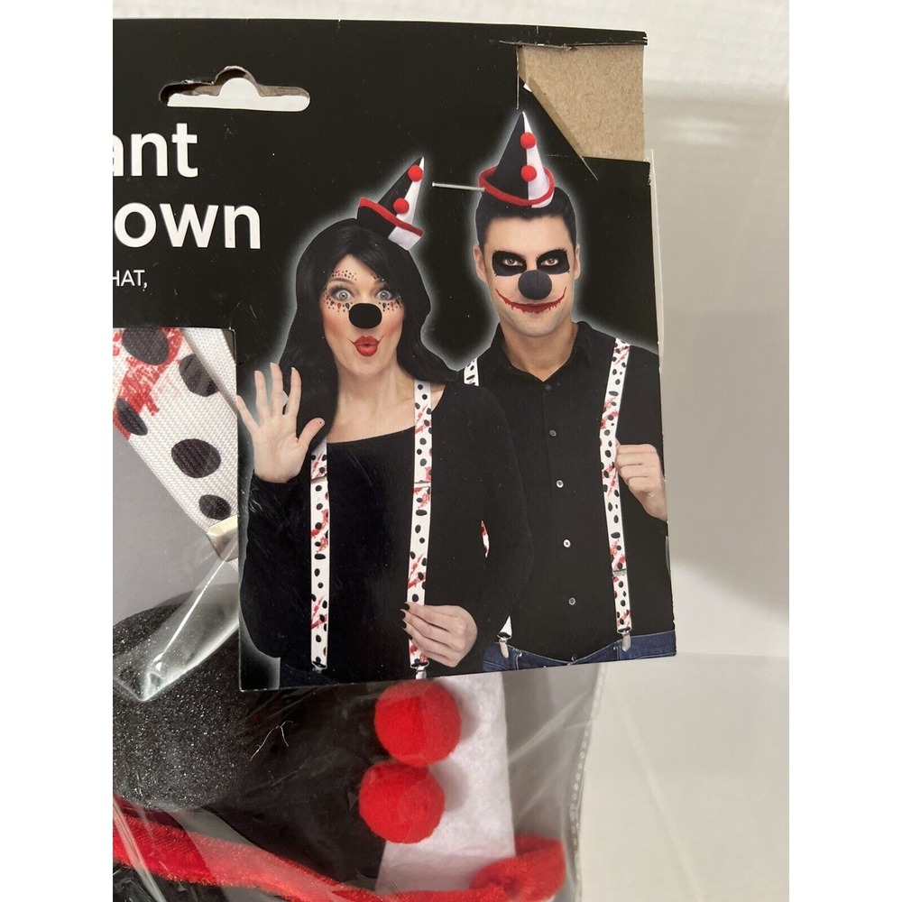 Instant Evil Clown-Bloody Suspenders, 1 Foam Nose & 1 Mini Hat-Halloween Costume
